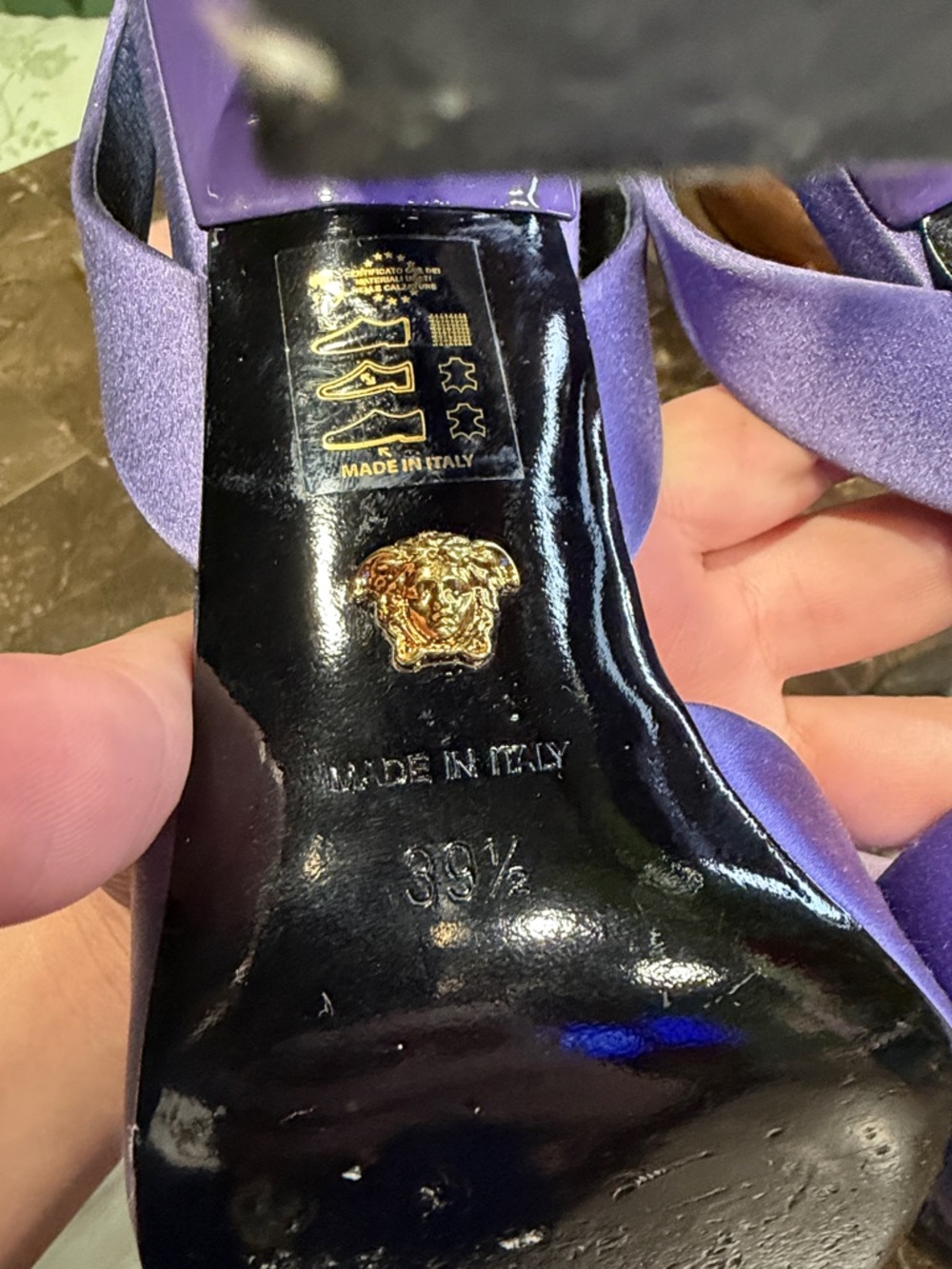 Versace Purple Pointed Slingback Heels with Glitter Medusa Appliqué - Picture 4 of 4